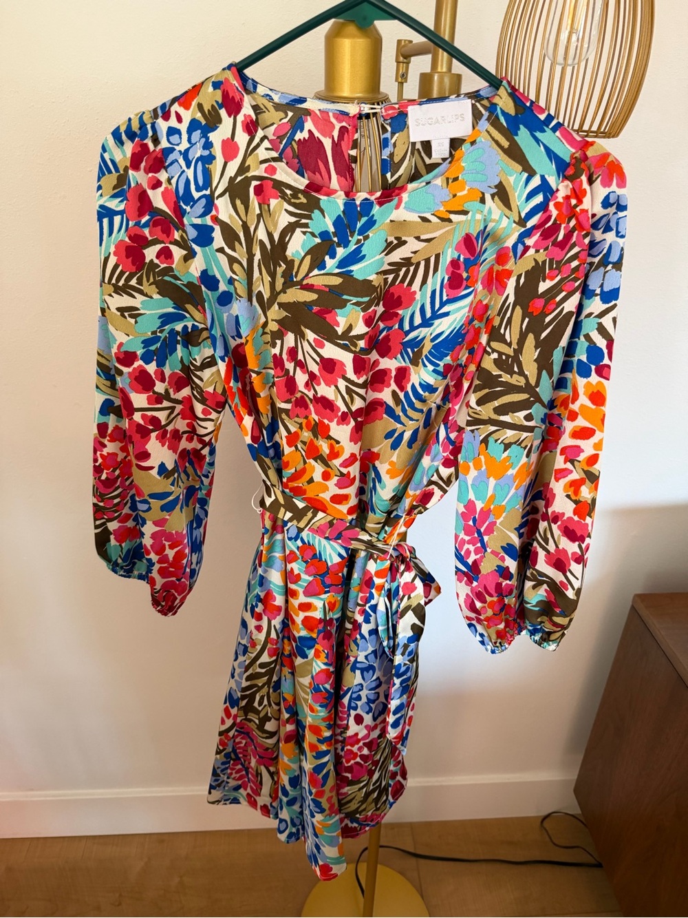 Sugarlips Bright Multicolor Floral Long-Sleeve Tie-Waist Dress